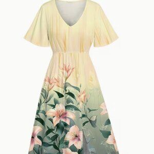 Ivory & Green with Lilly Flowers and Side Slit Maxi Boho Dress Size 30 to 32